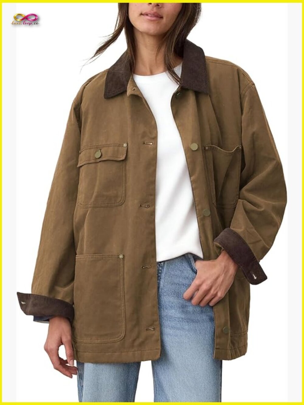 Oversized Utility Barn Jacket Corduroy Collar Vintage Workwear Cotton Coat with